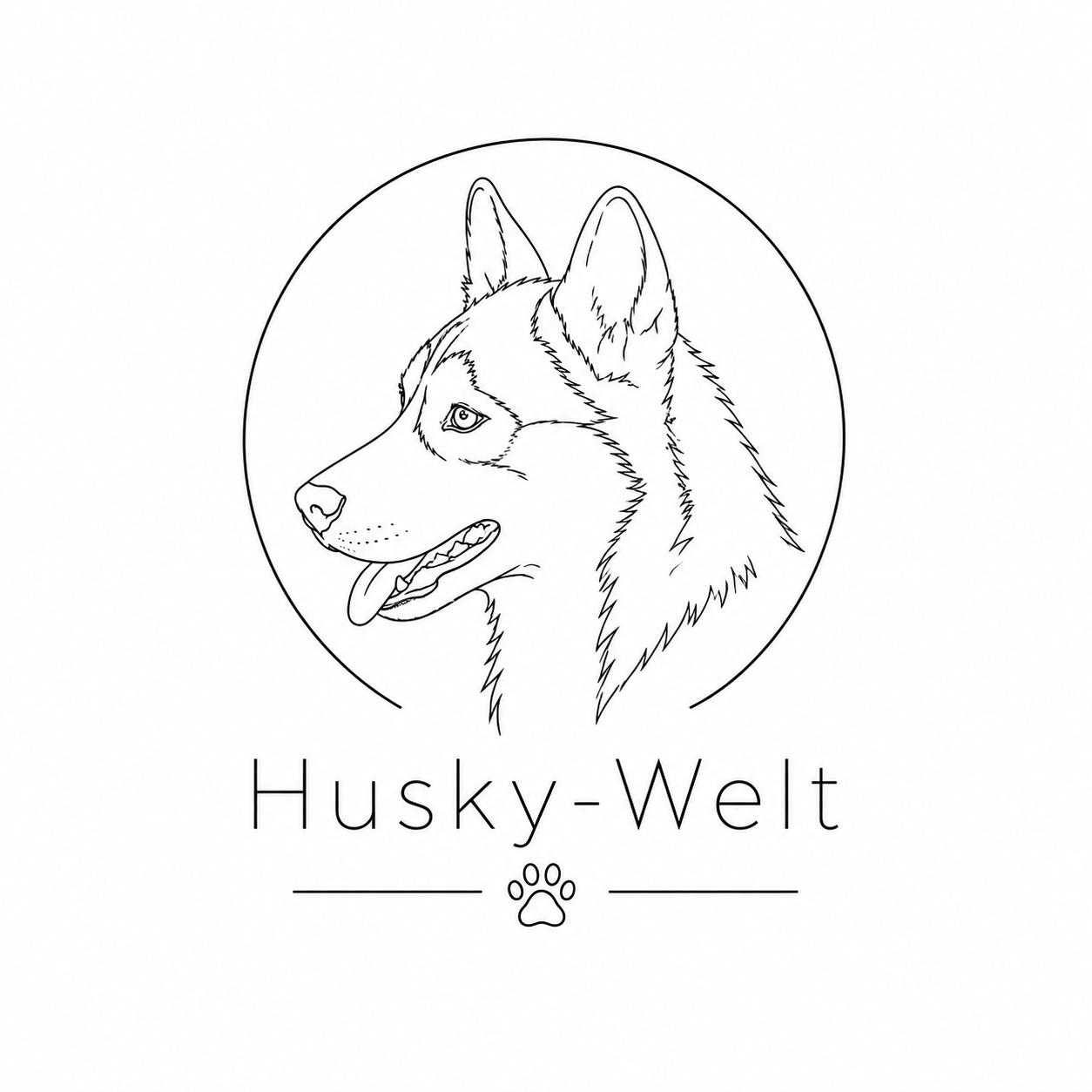 Minimalistisches schwarz-weißes Logo mit einem Siberian Husky im Fineline-Stil und dem Schriftzug „Husky-Welt“